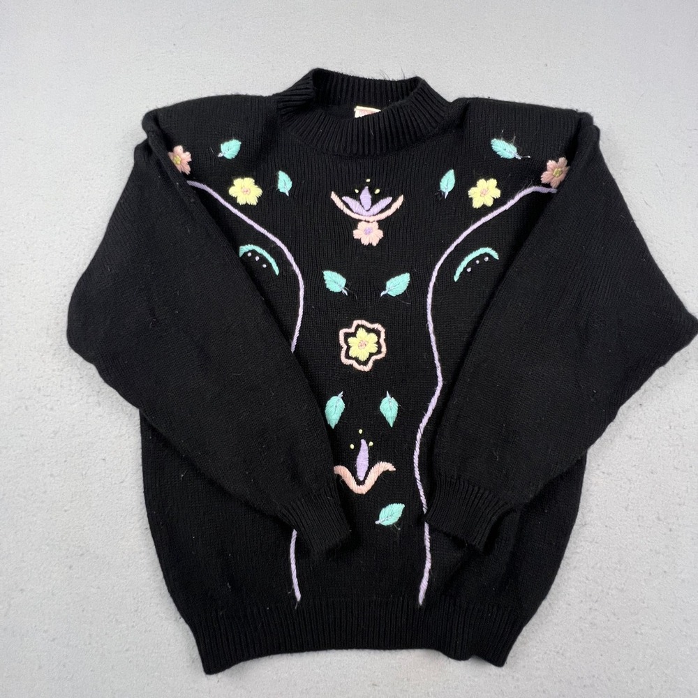 Basket Yarn Sweater Womens Large Black Floral Embroidered Knit Vintage Style